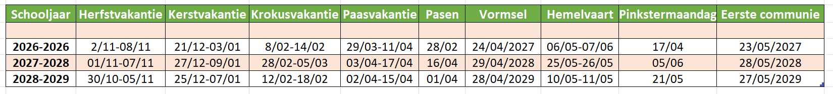 Tabel met schoolvakanties 2026-2029, inclusief herfst-, kerst-, krokus-, paas- en pinksterdata.